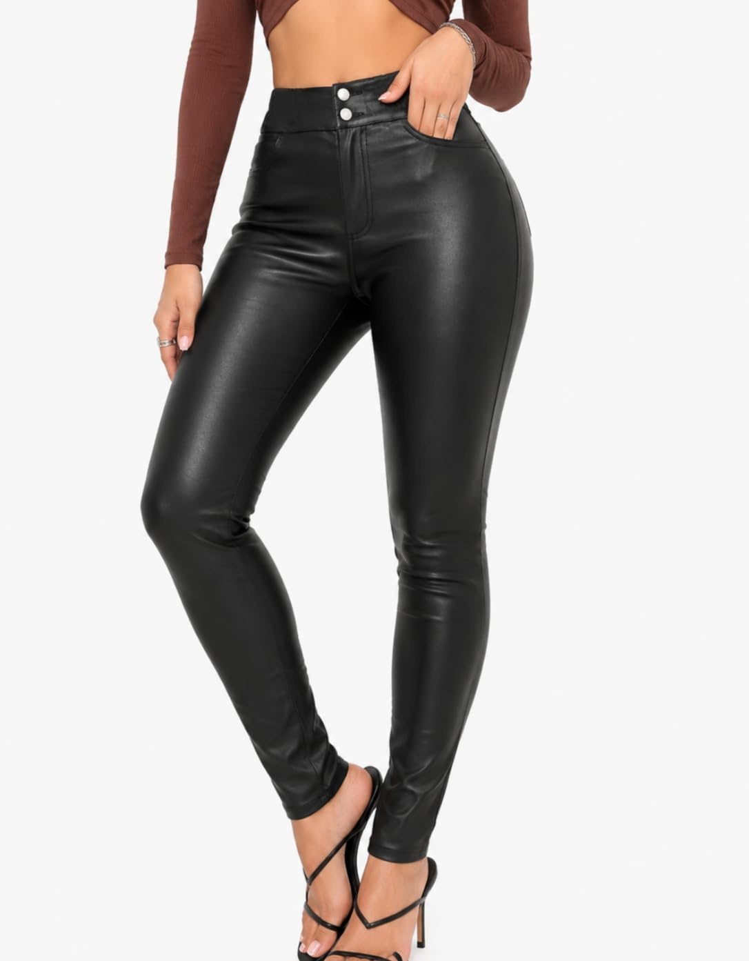 image:imageZebaexf Faux Leather Leggings for Women Black High Waisted Stretch Leather Pants03 Black