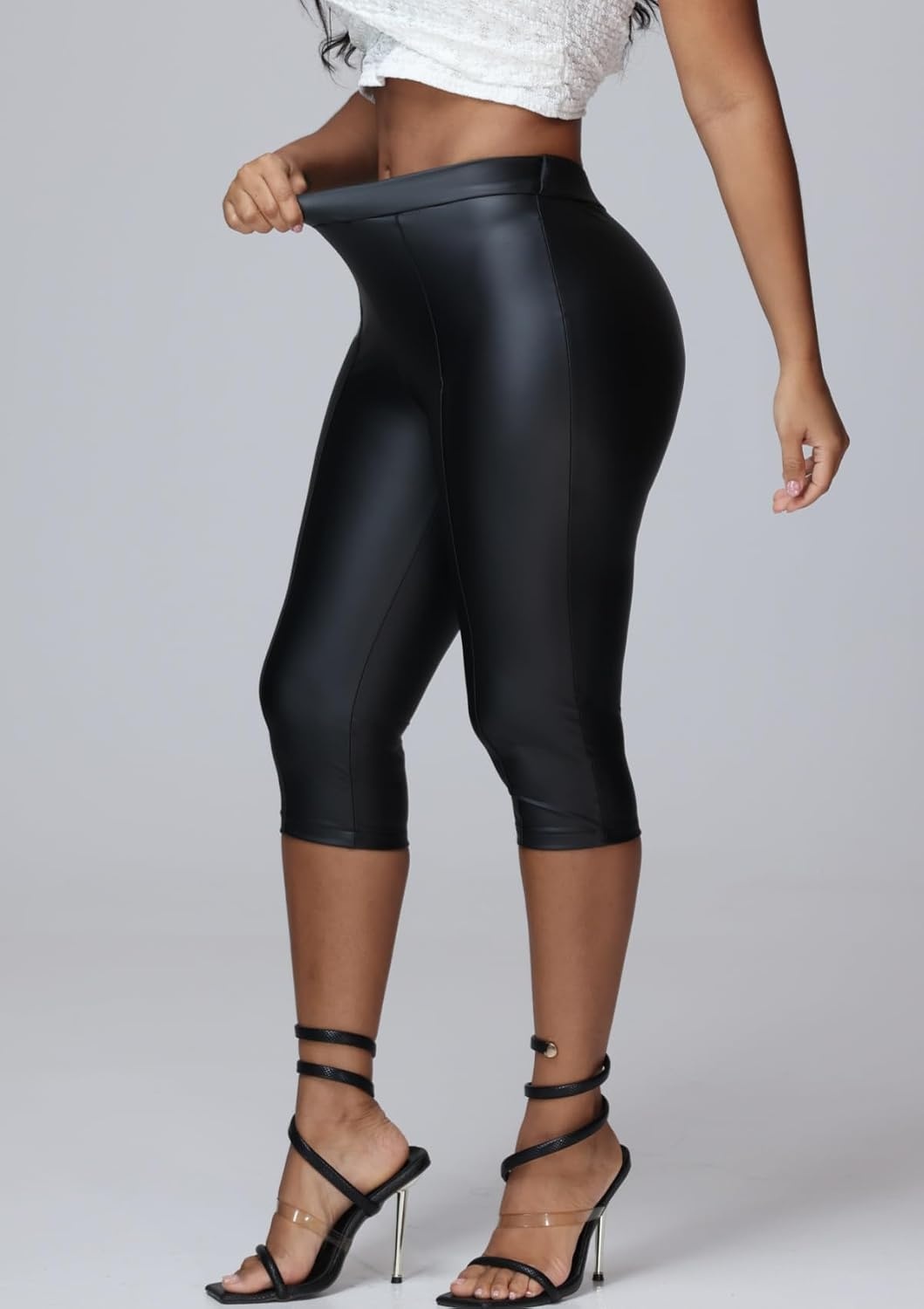 image:imageZebaexf Leather Capri Pants for Women Casual Stretch Black High Waisted Crop Leggings with Pockets Faux PU Leather Pants01 Black