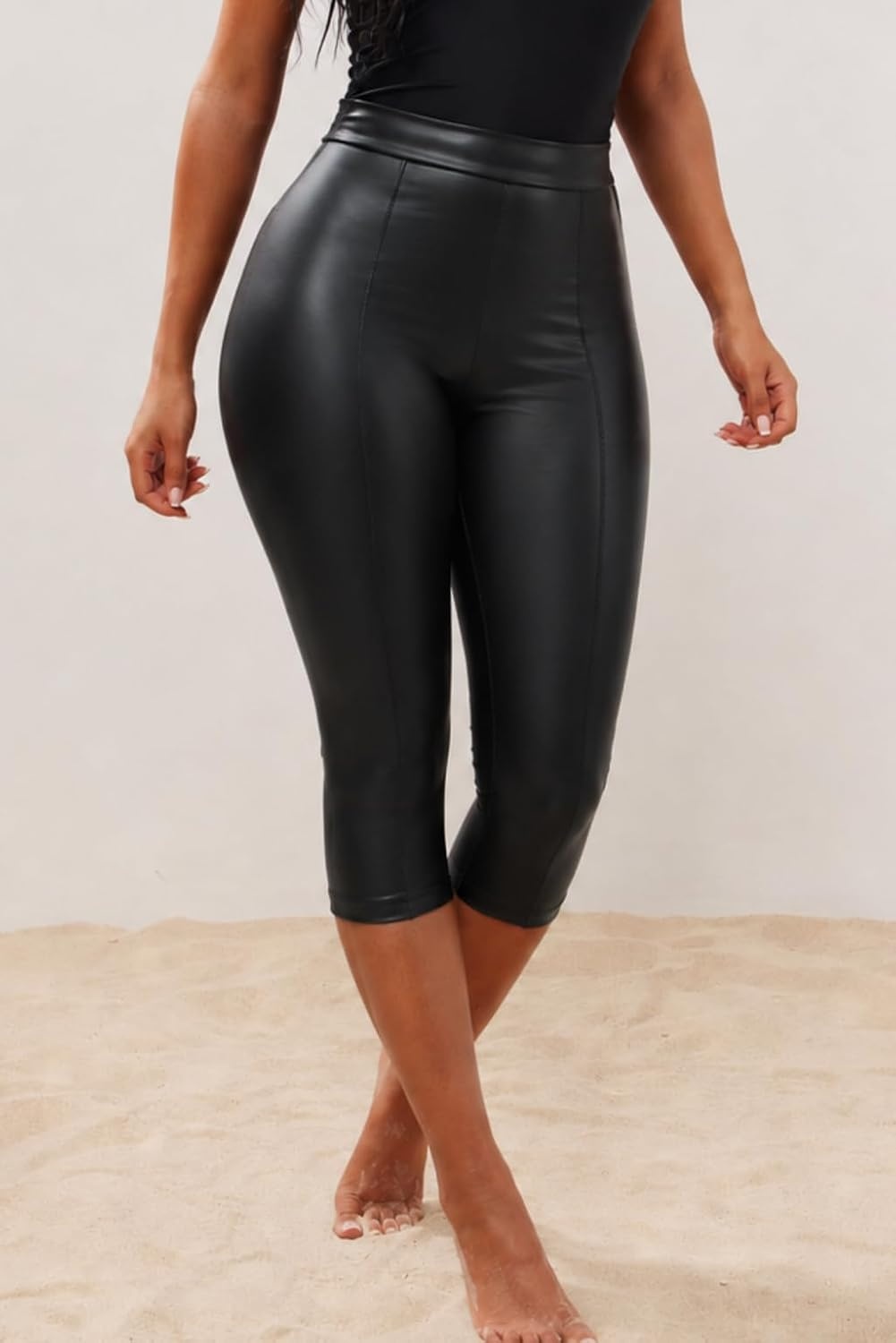 image:imageZebaexf Leather Capri Pants for Women Casual Stretch Black High Waisted Crop Leggings with Pockets Faux PU Leather Pants01 Black