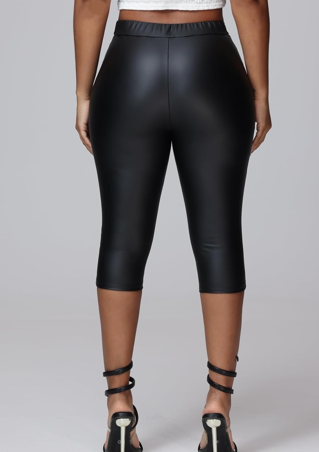 image:imageZebaexf Leather Capri Pants for Women Casual Stretch Black High Waisted Crop Leggings with Pockets Faux PU Leather Pants01 Black