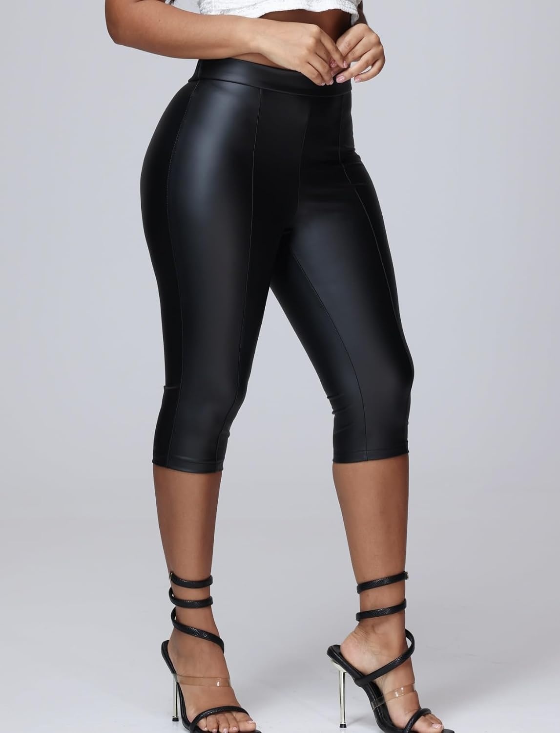 image:imageZebaexf Leather Capri Pants for Women Casual Stretch Black High Waisted Crop Leggings with Pockets Faux PU Leather Pants01 Black