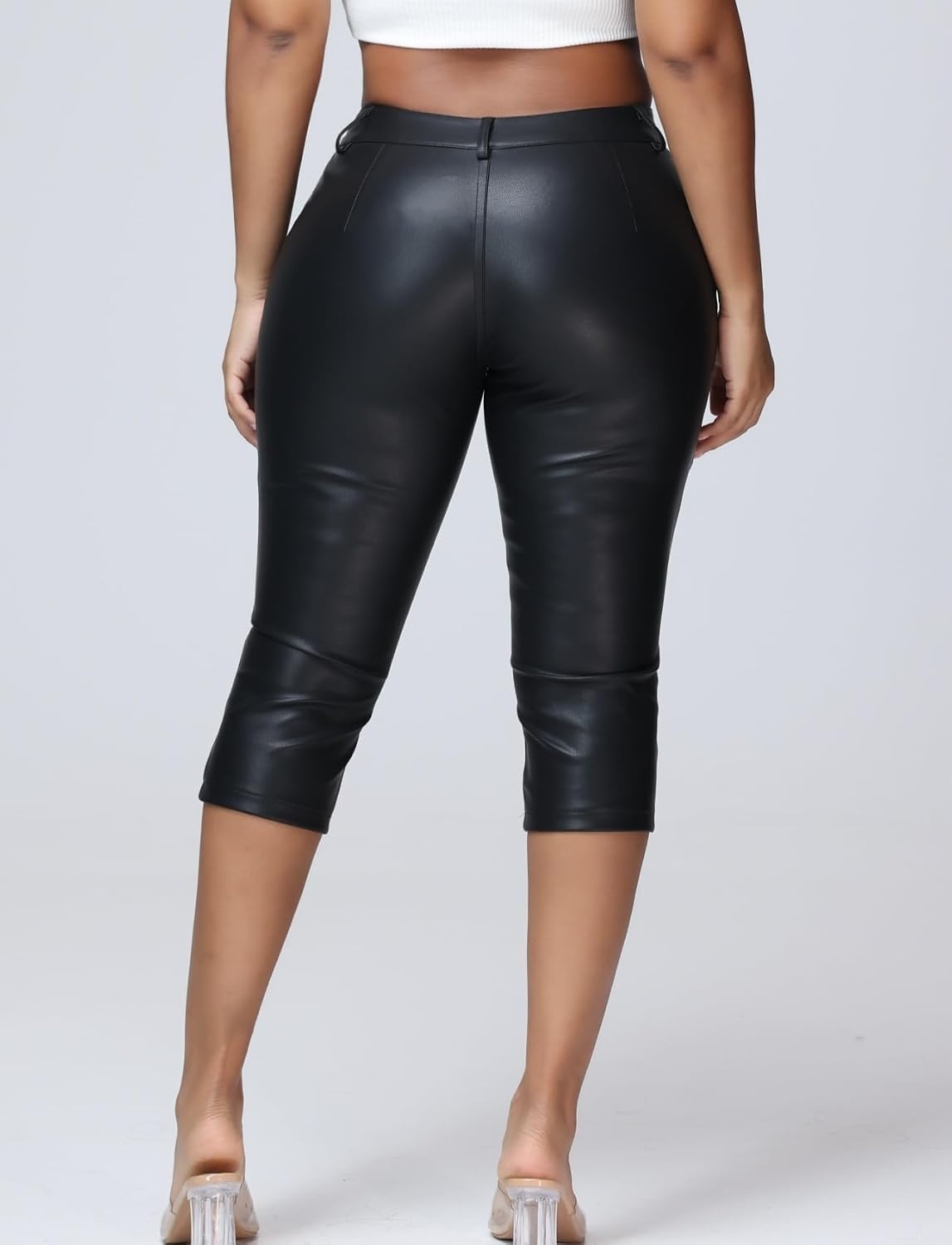 image:imageZebaexf Leather Capri Pants for Women Casual Stretch Black High Waisted Crop Leggings with Pockets Faux PU Leather Pants02 Black