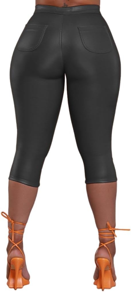 image:imageZebaexf Leather Capri Pants for Women Casual Stretch Black High Waisted Crop Leggings with Pockets Faux PU Leather PantsBlack