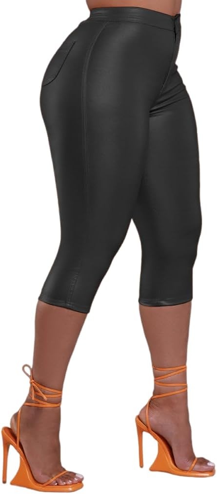 image:imageZebaexf Leather Capri Pants for Women Casual Stretch Black High Waisted Crop Leggings with Pockets Faux PU Leather PantsBlack