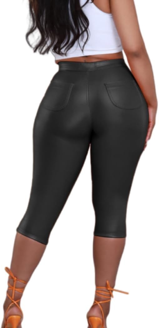 image:imageZebaexf Leather Capri Pants for Women Casual Stretch Black High Waisted Crop Leggings with Pockets Faux PU Leather PantsBlack