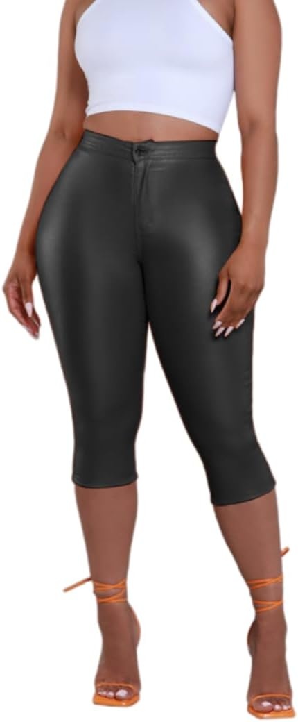 image:imageZebaexf Leather Capri Pants for Women Casual Stretch Black High Waisted Crop Leggings with Pockets Faux PU Leather PantsBlack