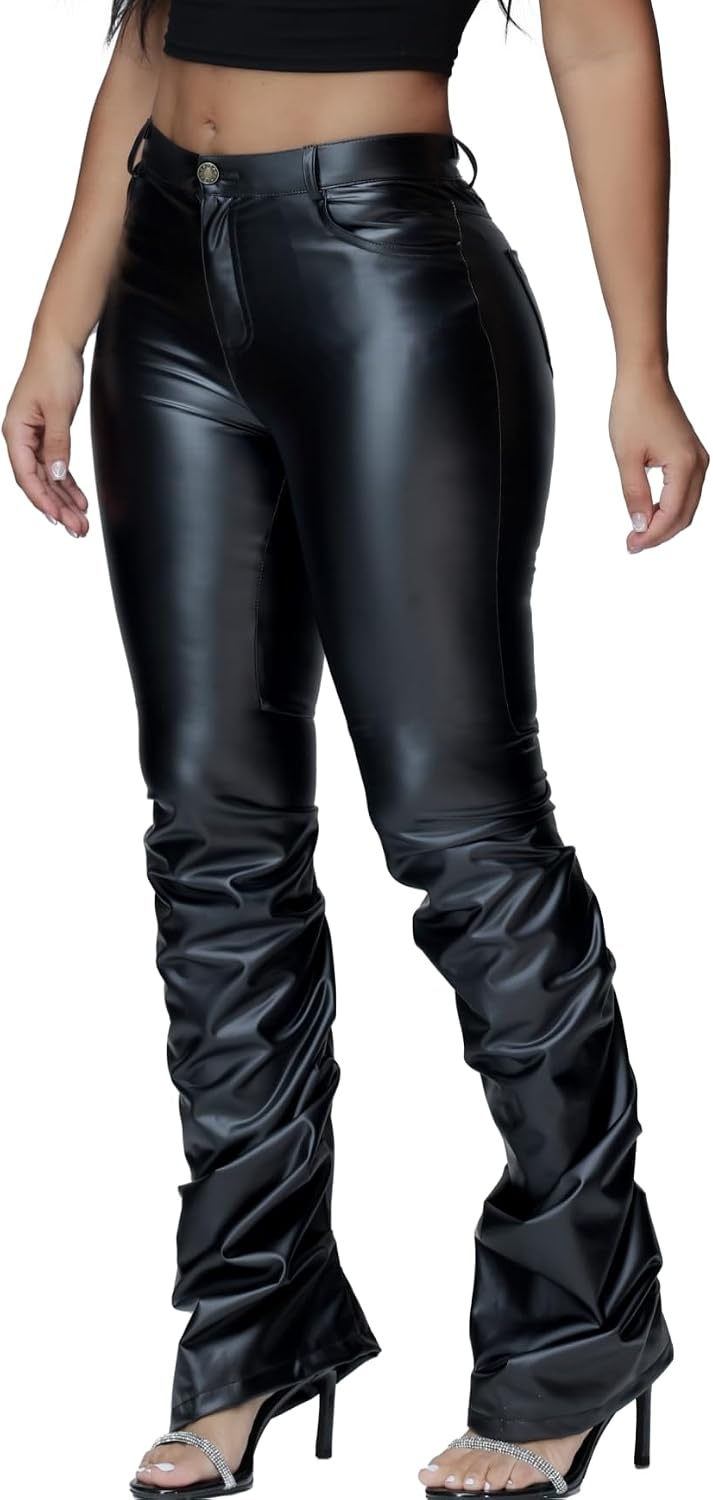 image:imageZebaexf Womens Stretchy Faux Leather Leggings PantsHigh Waist Stacked Pants for WomenRuched Black