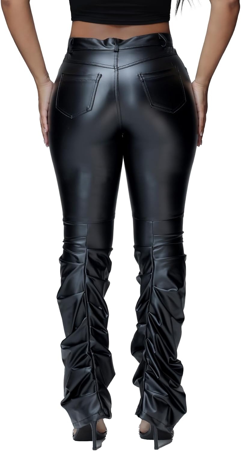 image:imageZebaexf Womens Stretchy Faux Leather Leggings PantsHigh Waist Stacked Pants for WomenRuched Black