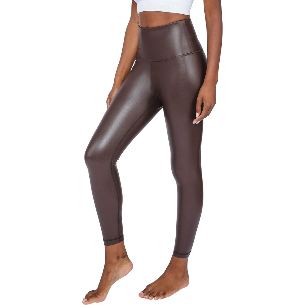 image:image90 Degree By Reflex Super High Waist High Shine Faux Leather Fleece Lined Elastic Free Ankle LeggingsChocolate Torte