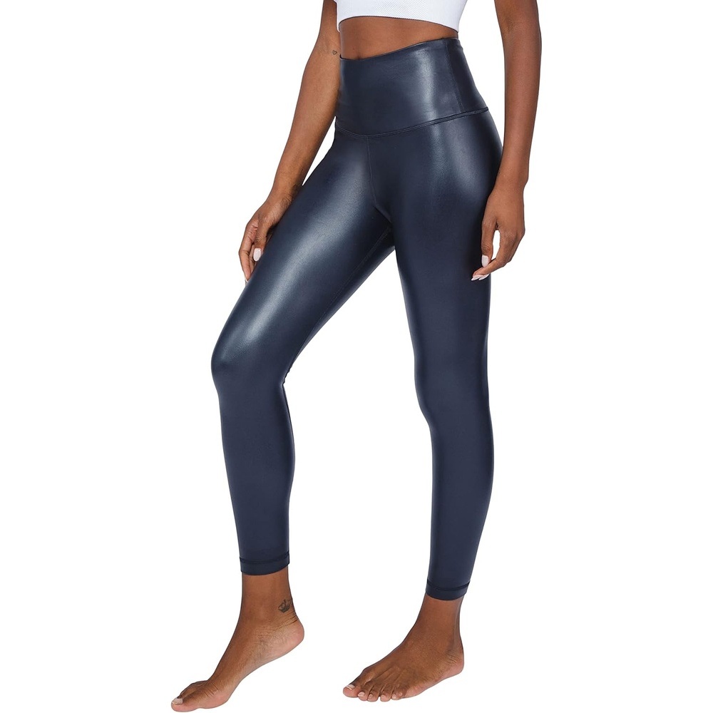 image:image90 Degree By Reflex Super High Waist High Shine Faux Leather Fleece Lined Elastic Free Ankle LeggingsDark Navy