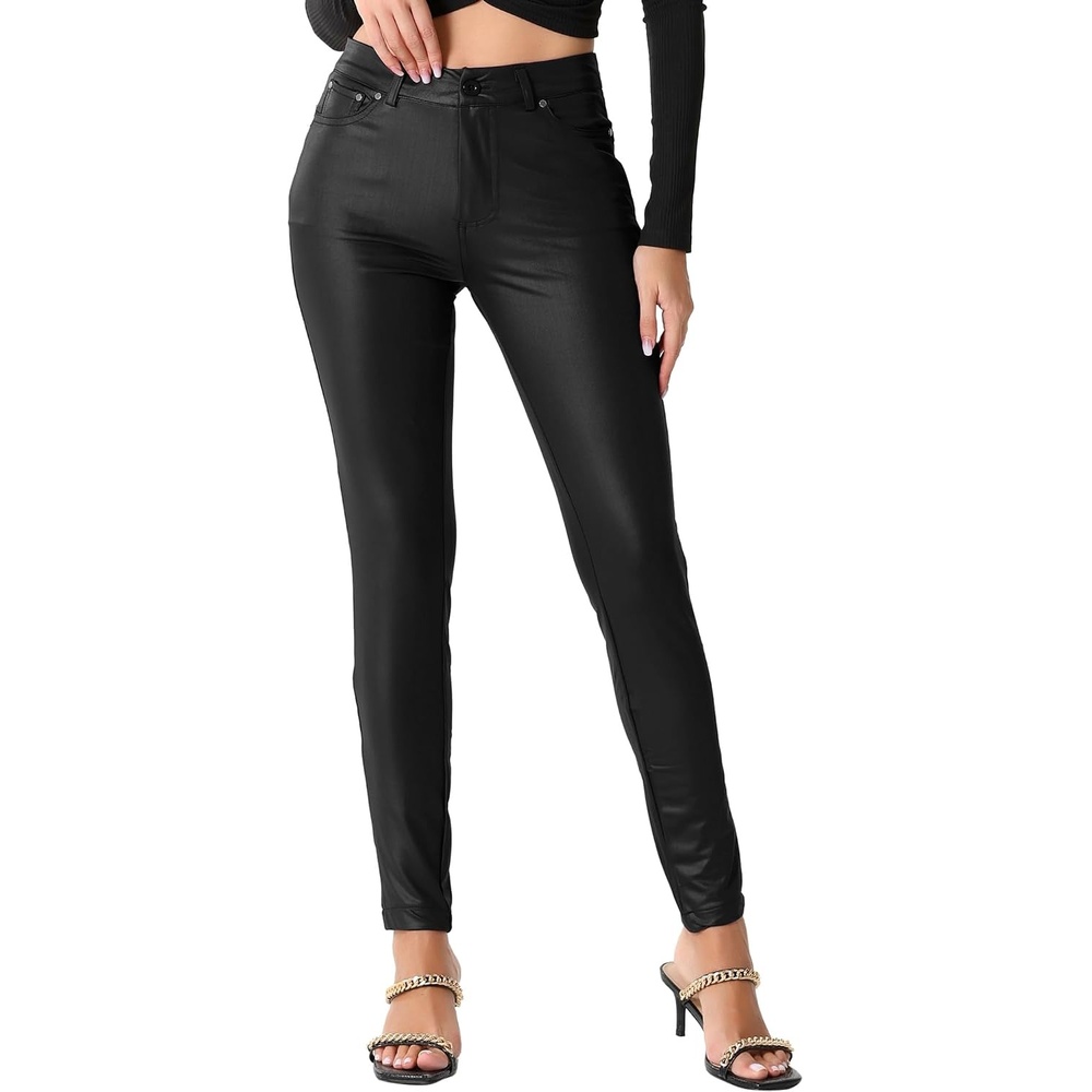 image:imageAllegra K Leather Pants for Women High Waist Stretch Tights Motorcycle Leggings with PocketsBlack