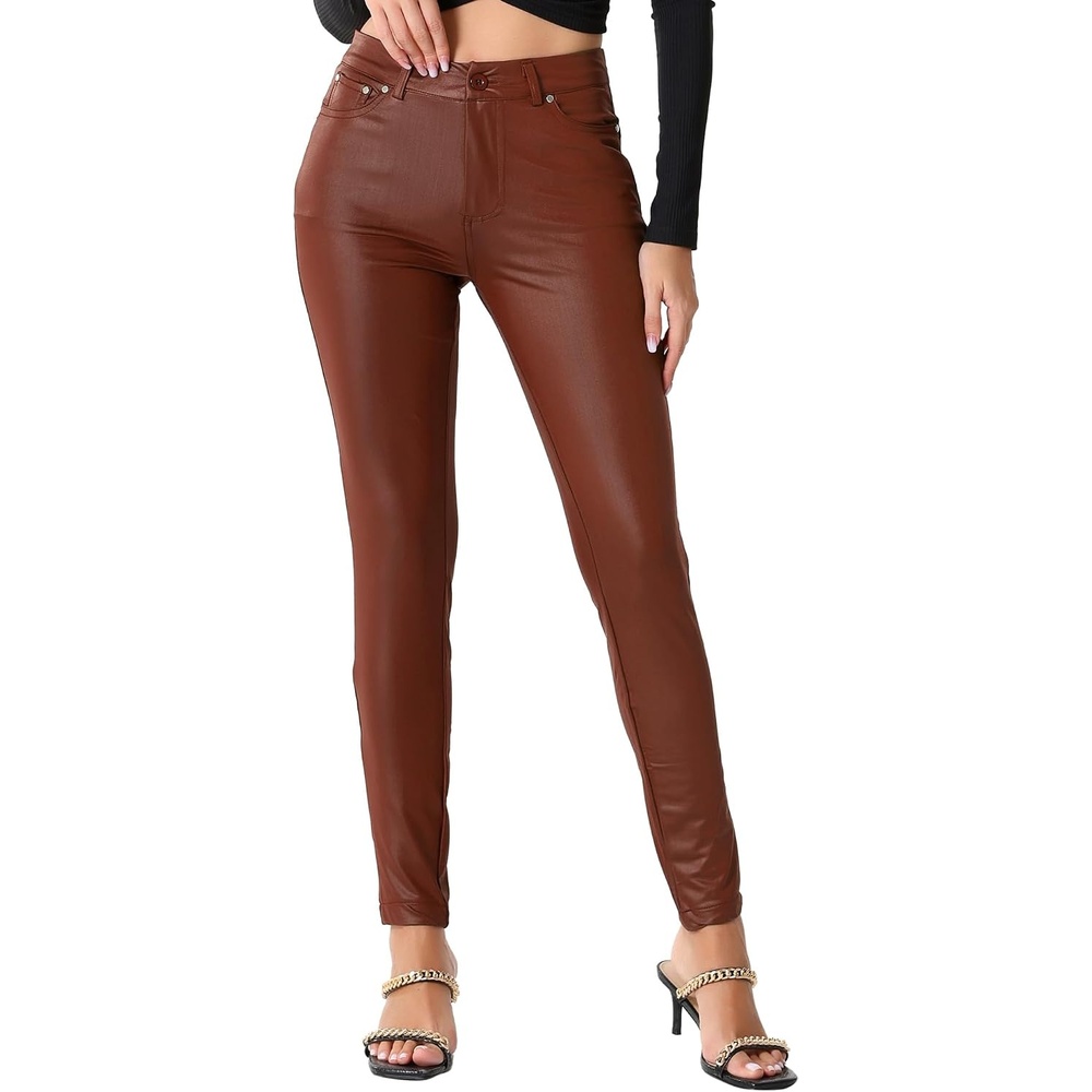 image:imageAllegra K Leather Pants for Women High Waist Stretch Tights Motorcycle Leggings with PocketsBrown