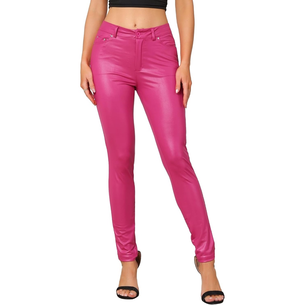 image:imageAllegra K Leather Pants for Women High Waist Stretch Tights Motorcycle Leggings with PocketsHot Pink