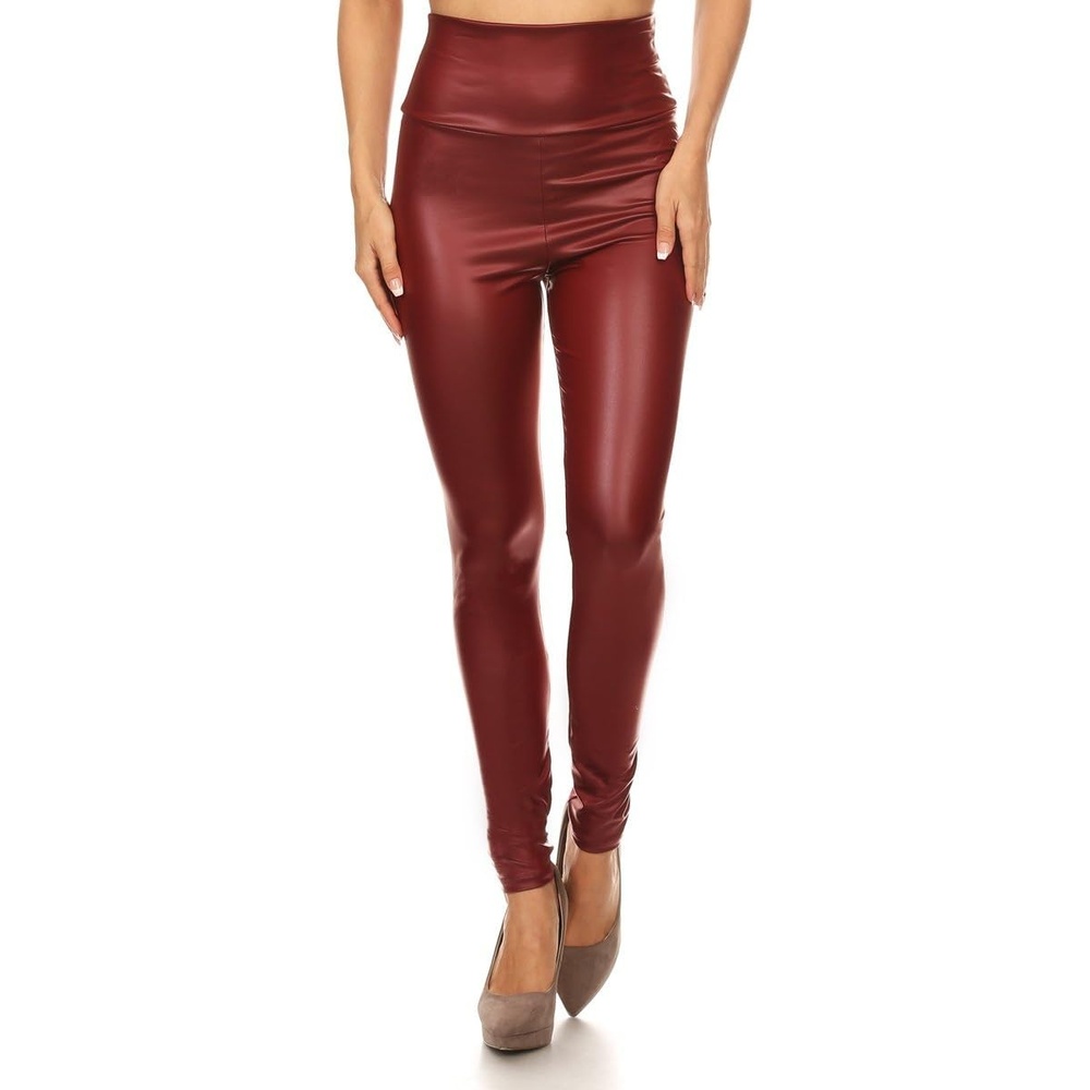 image:imageCemi Ceri Womens Faux Leather Leggings High Waisted Tummy Control Stretch Pants Dressy Shiny Slim Fit JeggingsFleece Burgundy