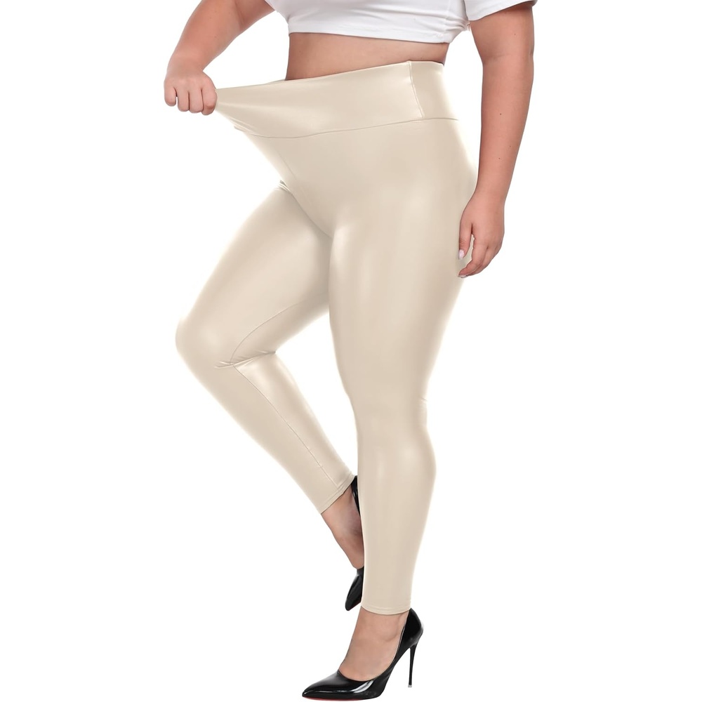 image:imageCheapestbuy Womens Plus Size Faux Leather Leggings High Waisted Pleather Pants Sexy PU Butt Lifting Leather TightsBeige