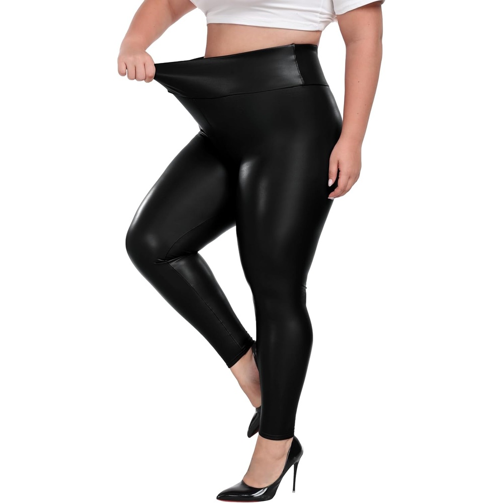 image:imageCheapestbuy Womens Plus Size Faux Leather Leggings High Waisted Pleather Pants Sexy PU Butt Lifting Leather TightsBlack
