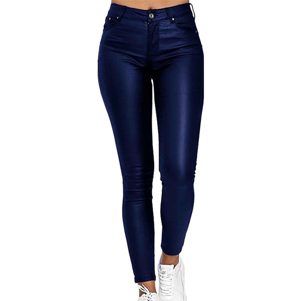 image:imageDGHMJLMY Womens Stretchy Solid Leather Pants Faux PU Tummy Control Dressy Leggings Slim Pleather Pants Tights LinedBlue