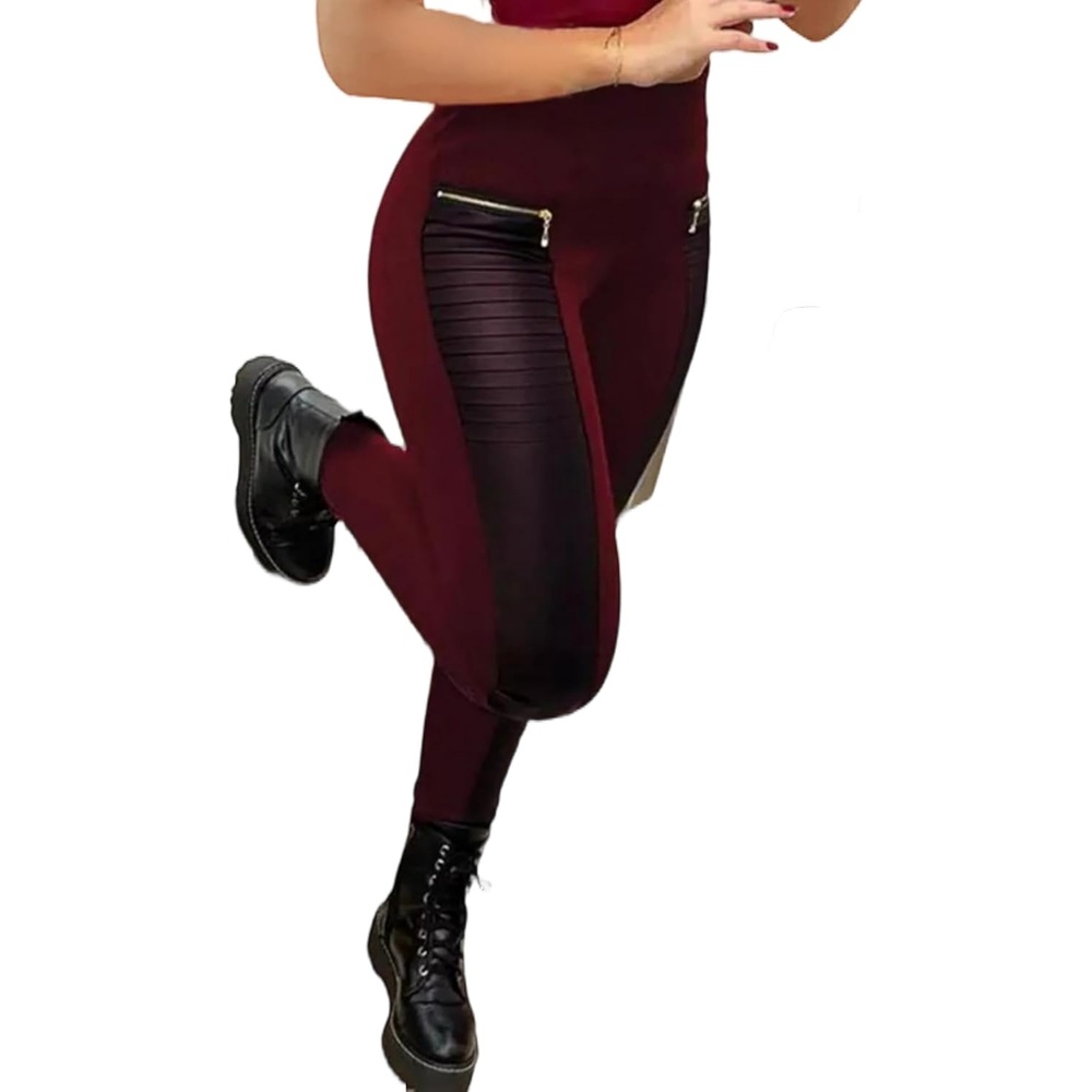 image:imageFlamingals Faux Leather Leggings for Women Tummy Control High WaistedBurgundy