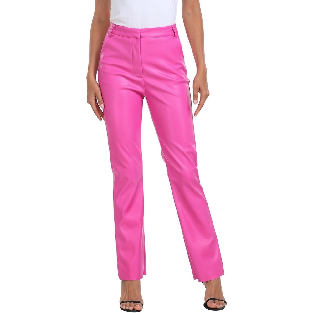 image:imageHDE Womens Faux Leather Pants High Waisted Straight Leg Trousers wPocketsHot Pink