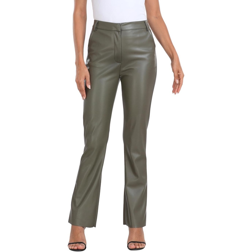 image:imageHDE Womens Faux Leather Pants High Waisted Straight Leg Trousers wPocketsOlive Green