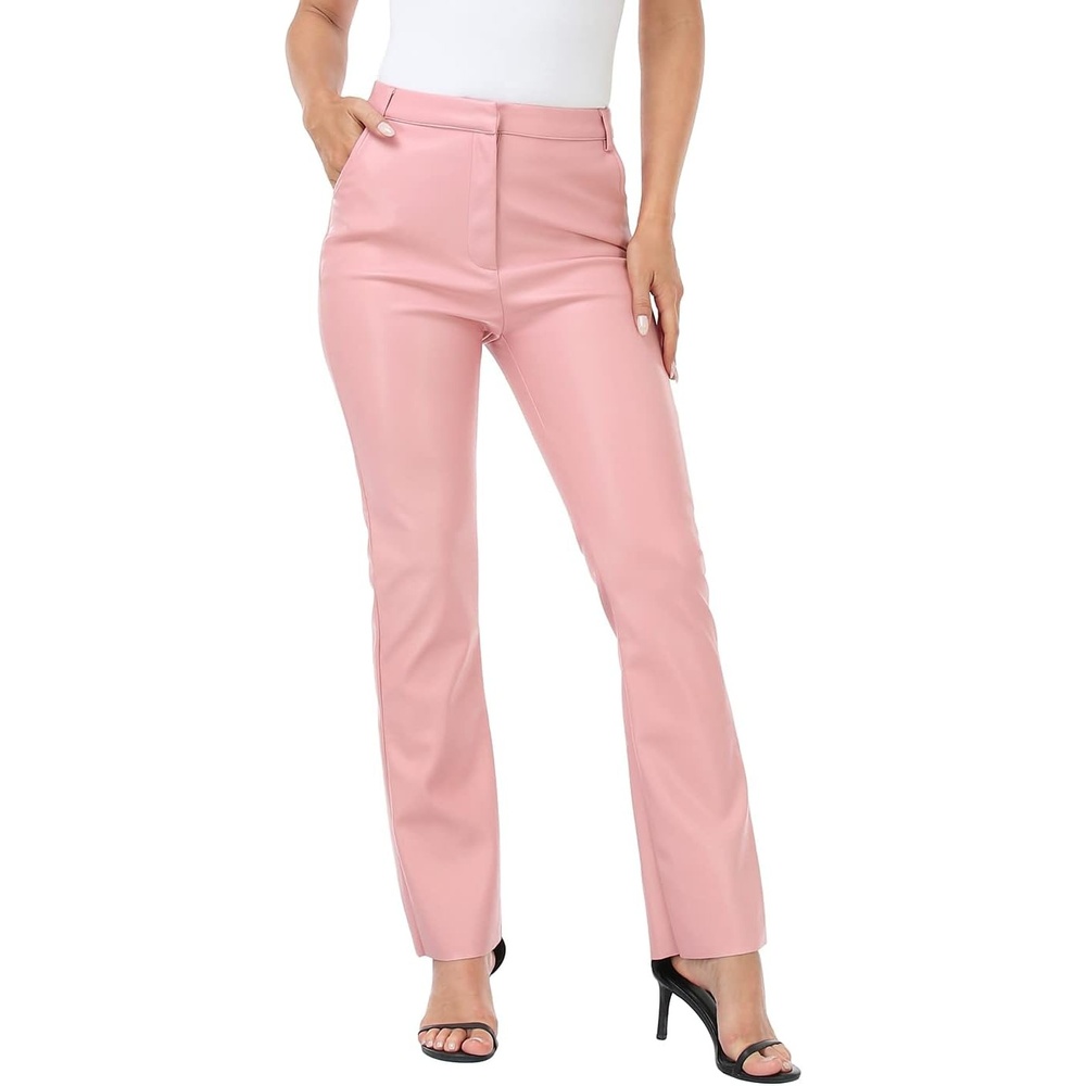 image:imageHDE Womens Faux Leather Pants High Waisted Straight Leg Trousers wPocketsPink