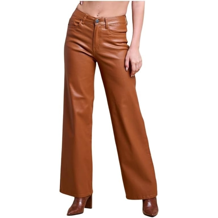 image:imageLOVER BRAND FASHION Womens High Waisted Super Stretch Faux Leather Wide Leg Pants Multiple Colors for Trendy Looks JeansBrown