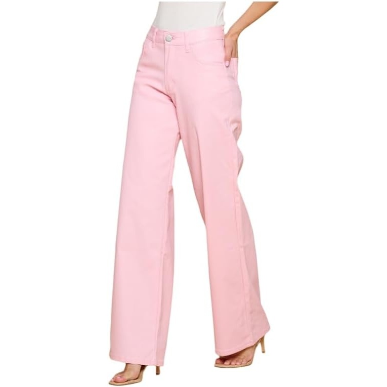 image:imageLOVER BRAND FASHION Womens High Waisted Super Stretch Faux Leather Wide Leg Pants Multiple Colors for Trendy Looks JeansLight Pink