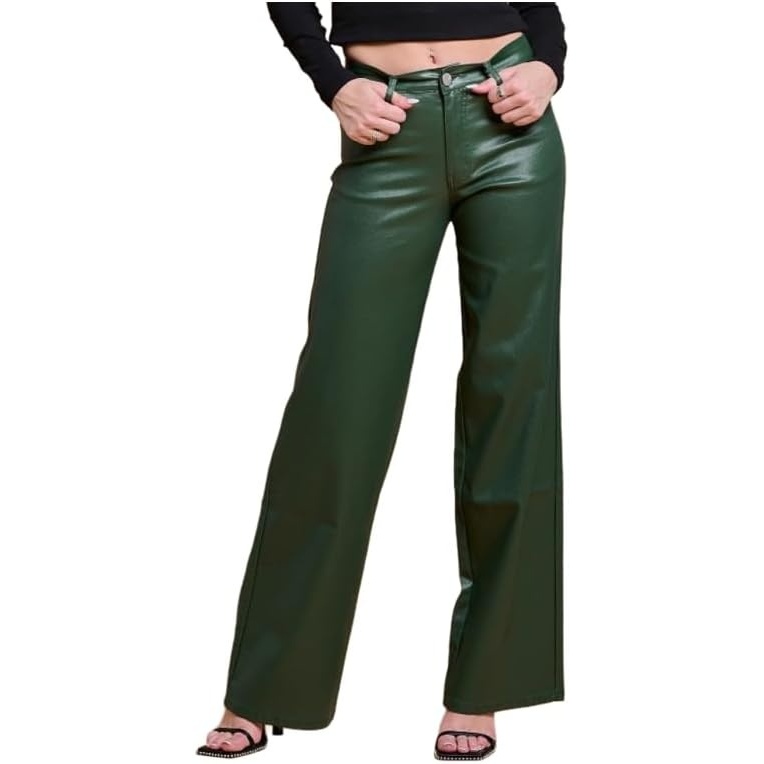 image:imageLOVER BRAND FASHION Womens High Waisted Super Stretch Faux Leather Wide Leg Pants Multiple Colors for Trendy Looks JeansOlive