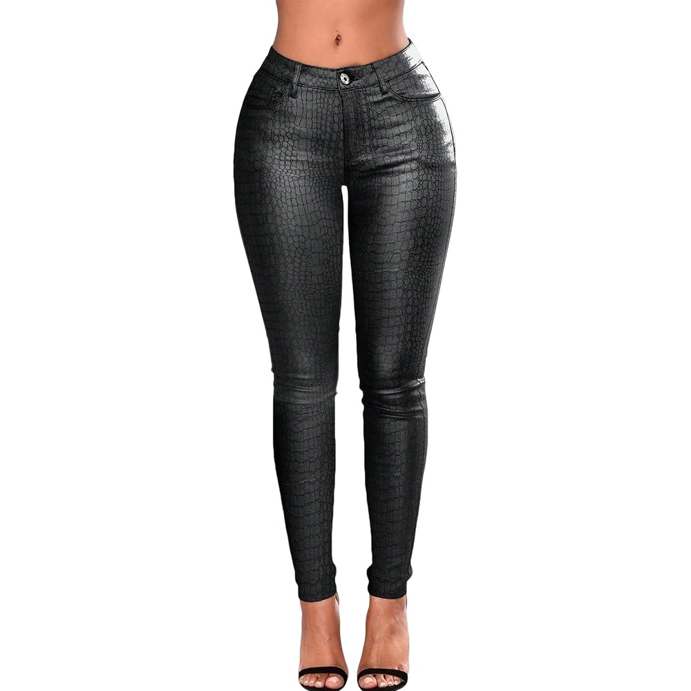 image:imageLeather Pants for Women High Waisted Skinny Tummy Control Thick Thermal Lined Stretch Sexy Push Up Pleather LeggingsBlackcrocodile Embossed