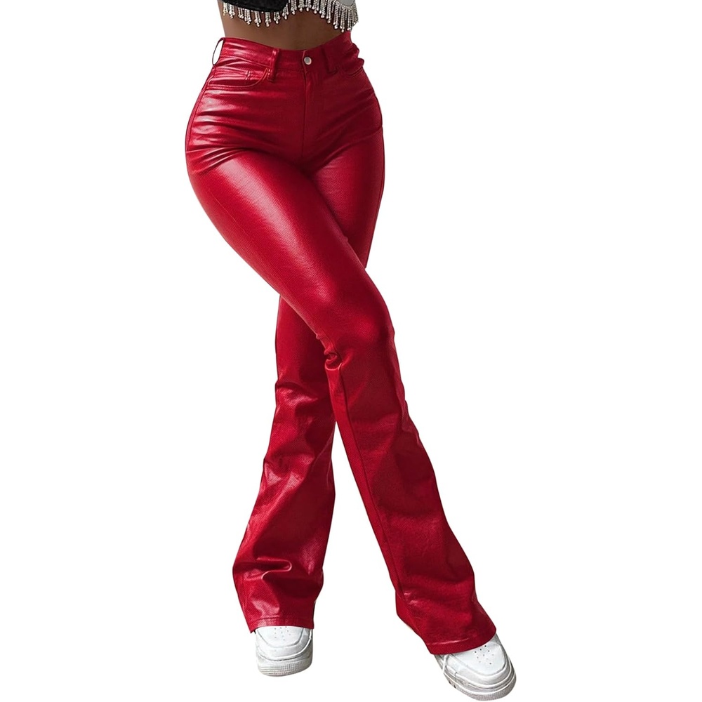 image:imageLovelyWholesale Women Faux Leather Pants High Waisted Flare Pants for Concert Party ClubRed