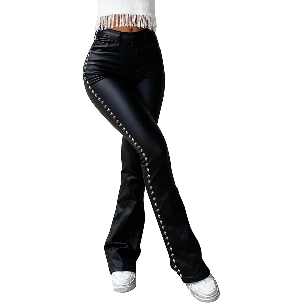 image:imageLovelyWholesale Women Faux Leather Pants Studded High Waisted Flare Pants for Concert Party ClubBlack