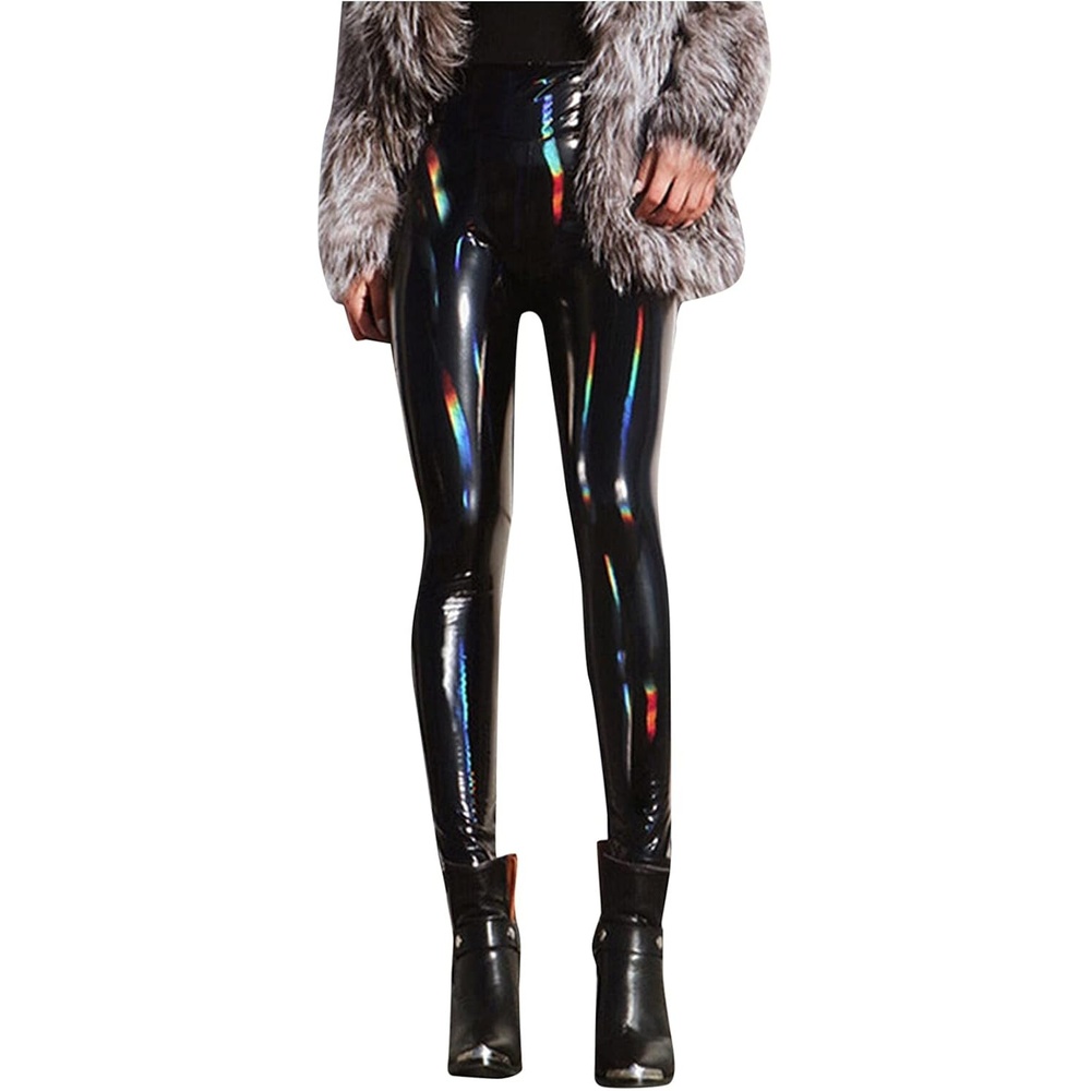 image:imageMaryia Womens Color Reflective Shiny Liquid Faux Leather Leggings Skinny Sexy Punk Tight Pants Stretch Shaping TrousersNeutral