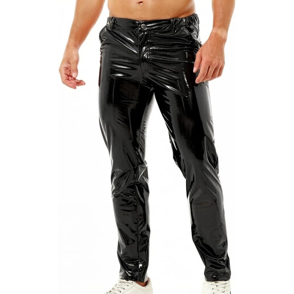 image:imageQiaTi Mens Faux Leather Pants Casual Stretch PU Leather Straight Leg Slim Fit Trousers Motorcycle Club Long Pant for Men2black
