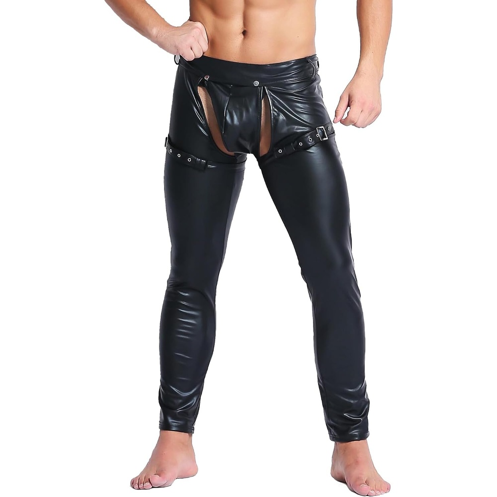 image:imageQiaTi Mens Skinny Pants Faux Leather Open Crotch Trousers Long Pant with Bulge Pouch for Men ClubAblack