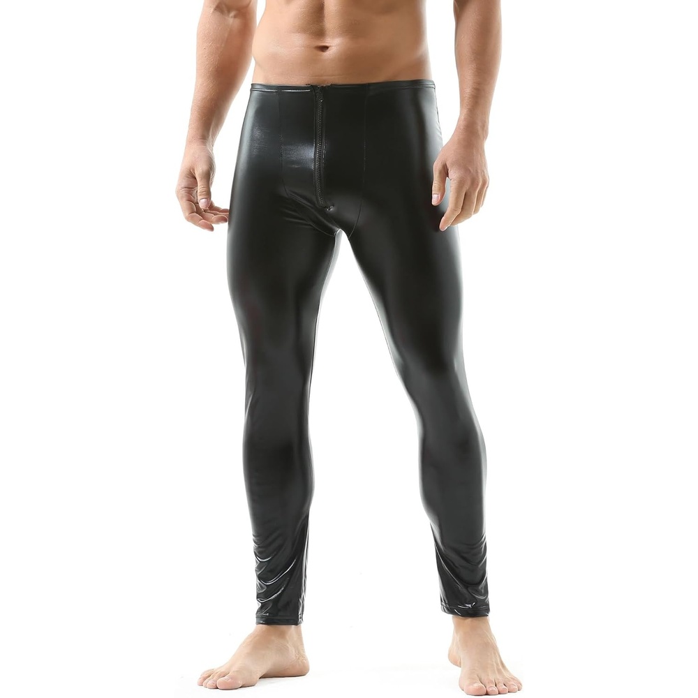 image:imageQiaTi Mens Skinny Pants Faux Leather Open Crotch Trousers Long Pant with Bulge Pouch for Men ClubBblack