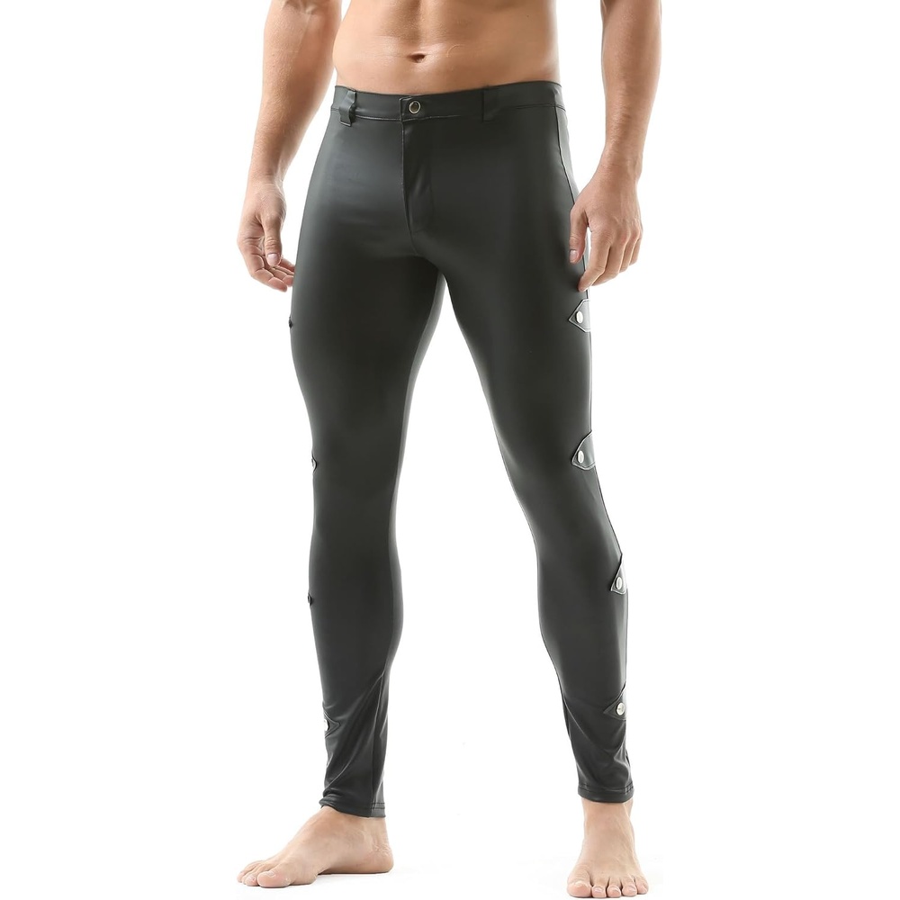 image:imageQiaTi Mens Skinny Pants Faux Leather Open Crotch Trousers Long Pant with Bulge Pouch for Men ClubDblack