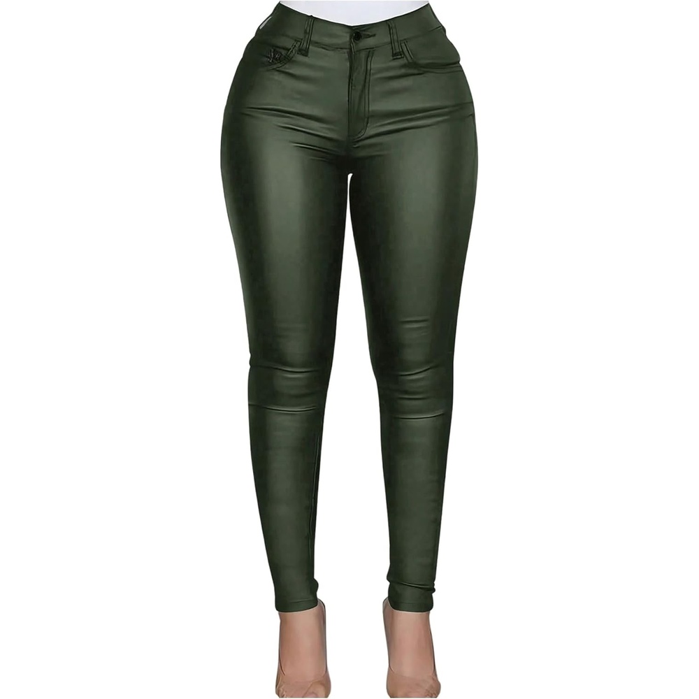 image:imageSHENHE Womens Faux Leather Pants Skinny Y2K Punk Leggings with PocketsArmy Green