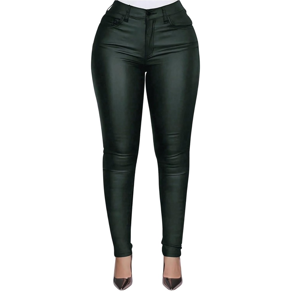 image:imageSHENHE Womens Faux Leather Pants Skinny Y2K Punk Leggings with PocketsFleeced Dark Green
