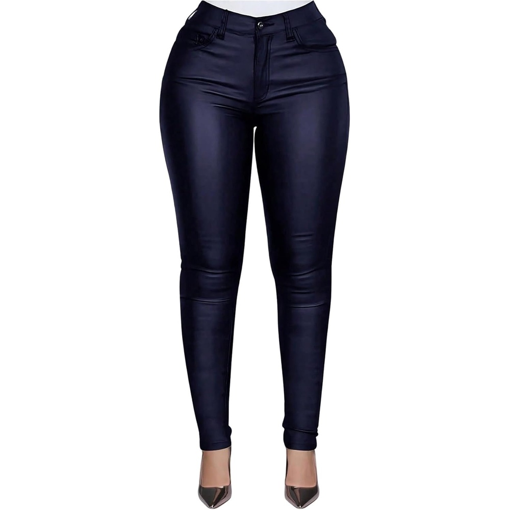 image:imageSHENHE Womens Faux Leather Pants Skinny Y2K Punk Leggings with PocketsFleeced Deep Blue