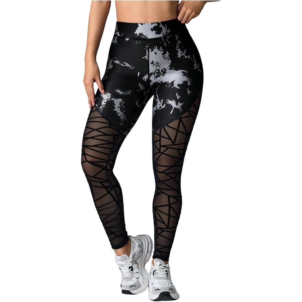 image:imageSHENHE Womens High Waist Rhinestone Patchwork Mesh Elegant LeggingsTie Dye Black