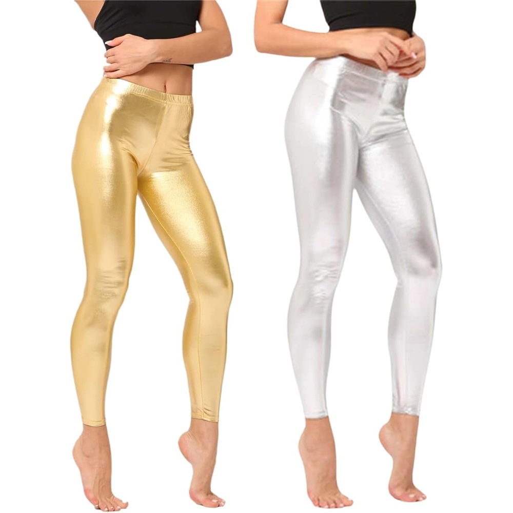 image:imageShiny Metallic High Waist Stretch Leggings Women Wet Look Faux Leather Legging Bright Candy Color TrousersA01 Rose Gold Silver