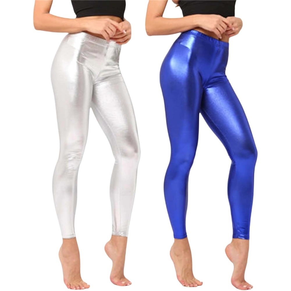 image:imageShiny Metallic High Waist Stretch Leggings Women Wet Look Faux Leather Legging Bright Candy Color TrousersA05 Silver  Blue