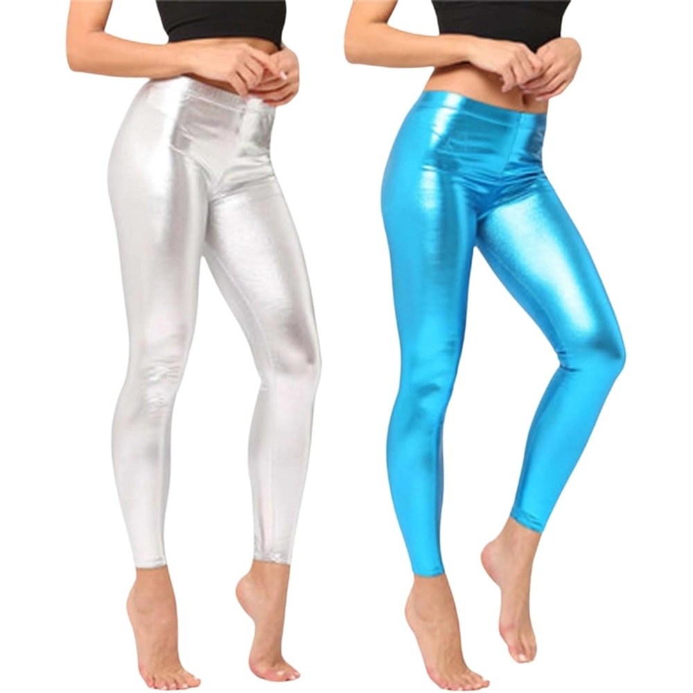 image:imageShiny Metallic High Waist Stretch Leggings Women Wet Look Faux Leather Legging Bright Candy Color TrousersA06 Silver Sky Blue