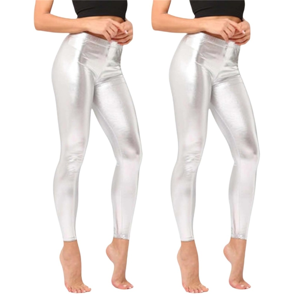 image:imageShiny Metallic High Waist Stretch Leggings Women Wet Look Faux Leather Legging Bright Candy Color TrousersZ12 Silver