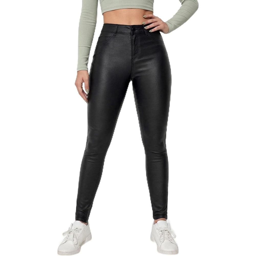 image:imageTHE LOVE BRAND Women Faux Leather Pants Black Mid Waist Skinny Leggings Leather Pants Trousers with PocketsBlack