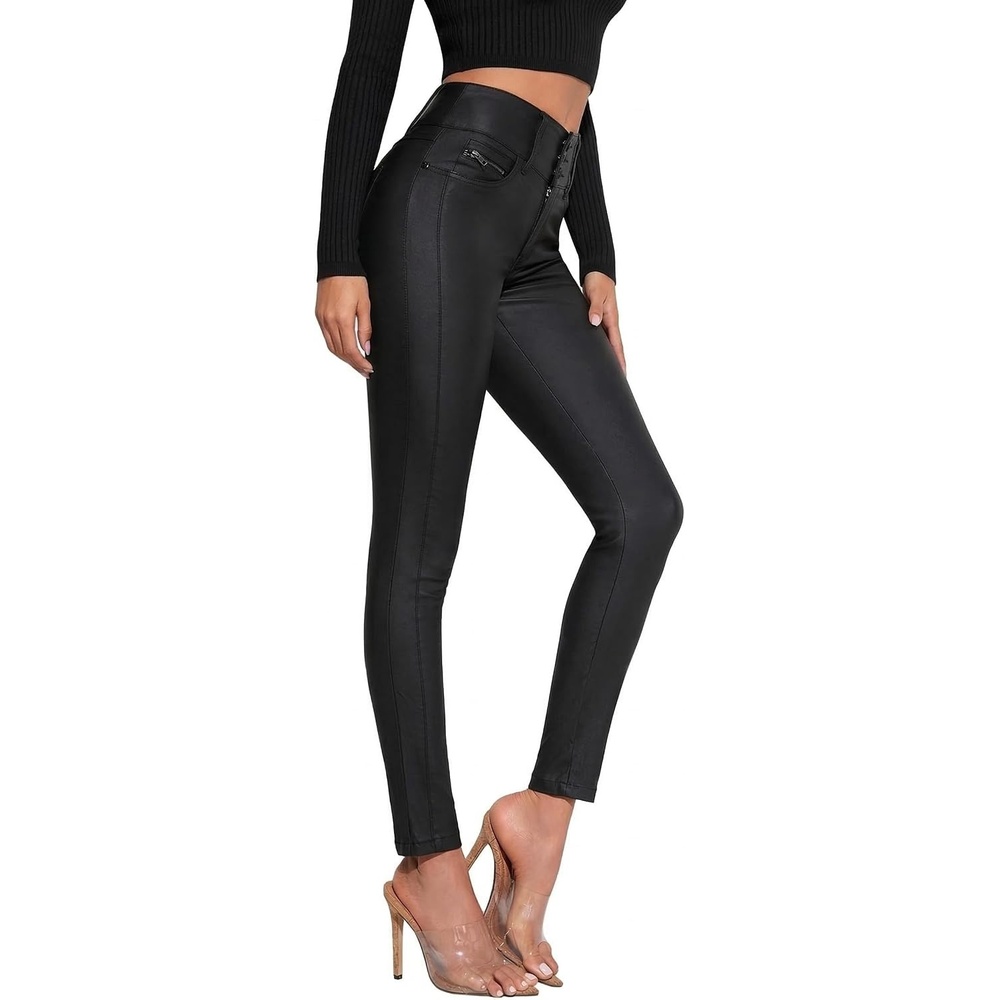 image:imageTHE LOVE BRAND Women Faux Leather Pants Black Skinny Leggings Leather Pants for Women Mid Waisted Stretchy LeggingsBlack