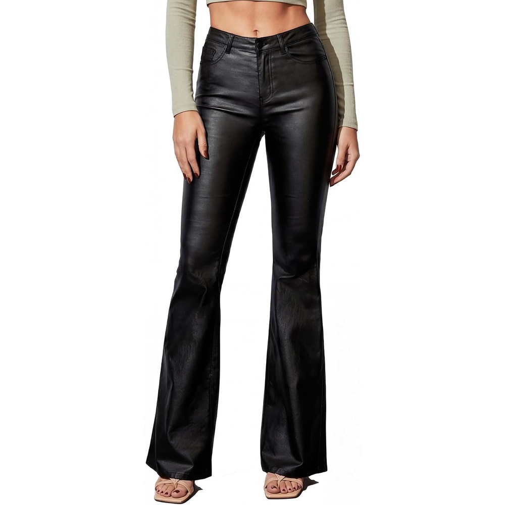 image:imageTHE LOVE BRAND Womens Faux Leather Coated Flare Pants Mid Waist Black Leather Pants Black Skinny Leggings with PocketsBlack