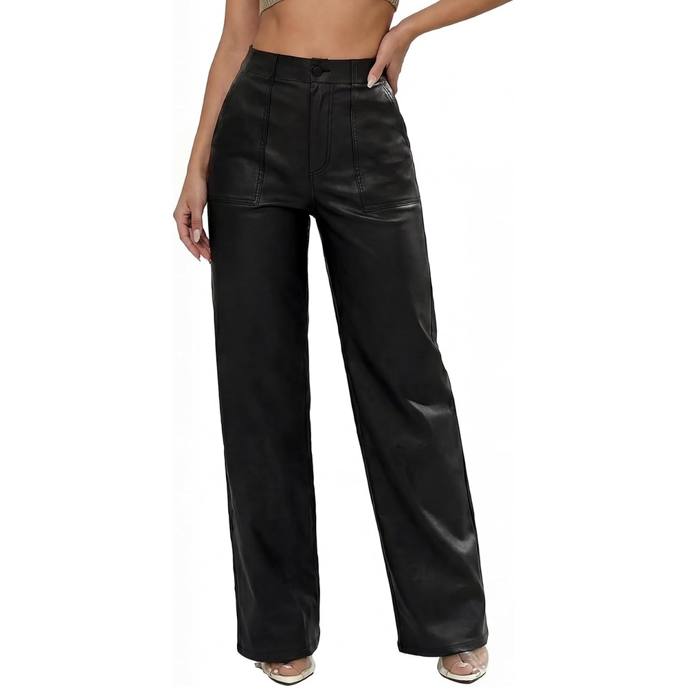 image:imageTHE LOVE BRAND Womens Faux Leather Pants High Waisted Coated PU Straight Leg Black Leather Pants for Women TrendyBlack