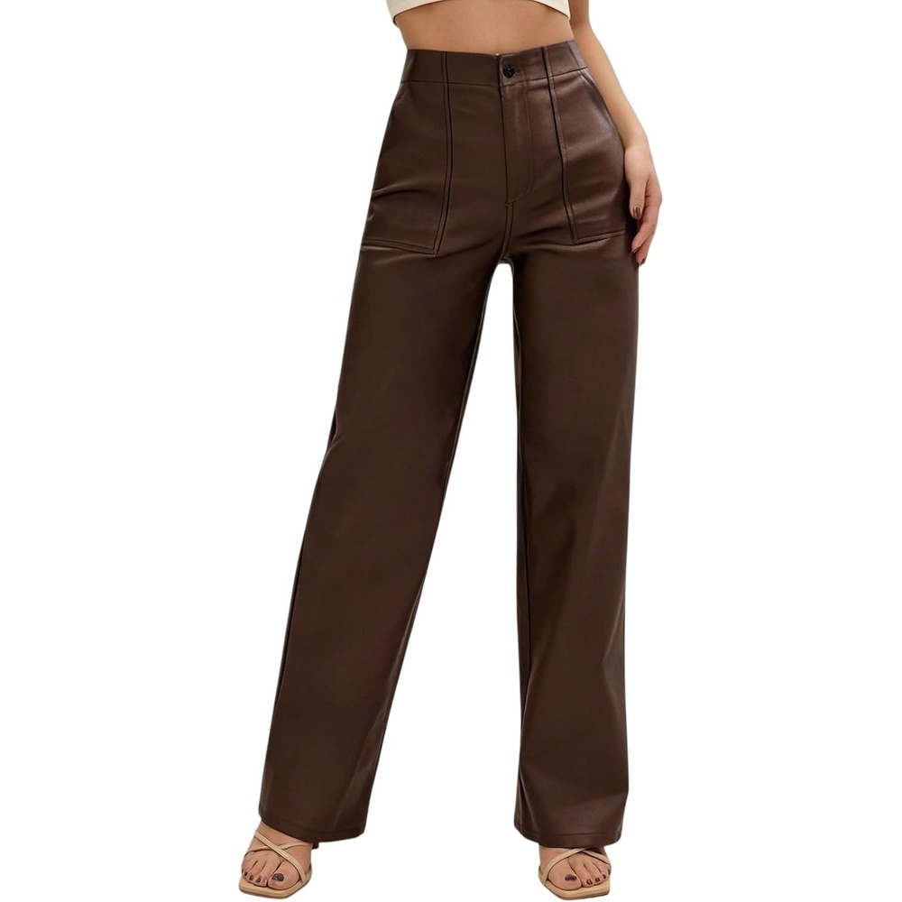 image:imageTHE LOVE BRAND Womens Faux Leather Pants High Waisted Coated PU Straight Leg Black Leather Pants for Women TrendyChocolate
