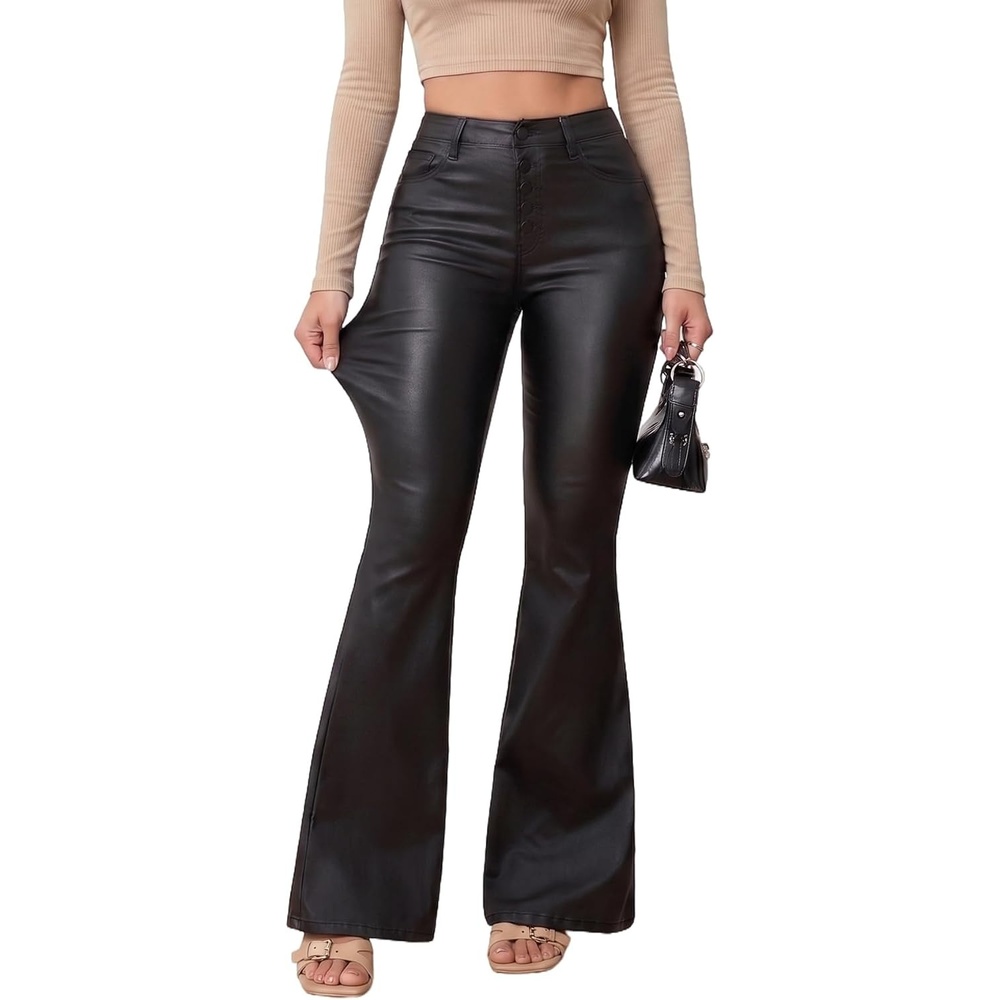 image:imageTHE LOVE BRAND Womens Faux Leather Pants PU Mid Waist Skinny Pant Black Leather Leggings Bell Bottom Flare PantsBlack